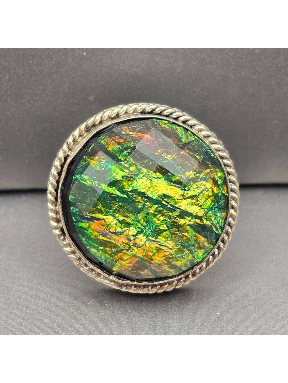 Vintage Sterling Silver Plated Dichroic Glass Ring Size 9.5 Bezel Rope Edge